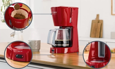 Bosch 1100W Filter Coffee maker Compact Class Extra Red, TKA3A034GB