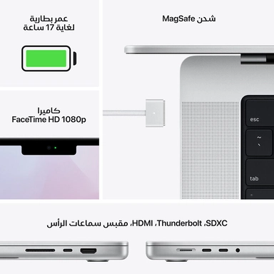 ابل ماك بوك برو، ام 1 كور 10، 1 تيرا، اس اس دي، جرافيك كور 16، 14 بوصة، فضي
