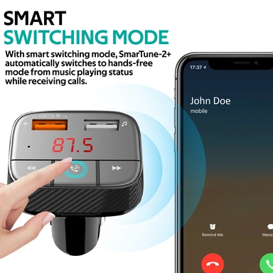 Promate Bluetooth v5 Car FM Modulator Charger 3 Ports Black