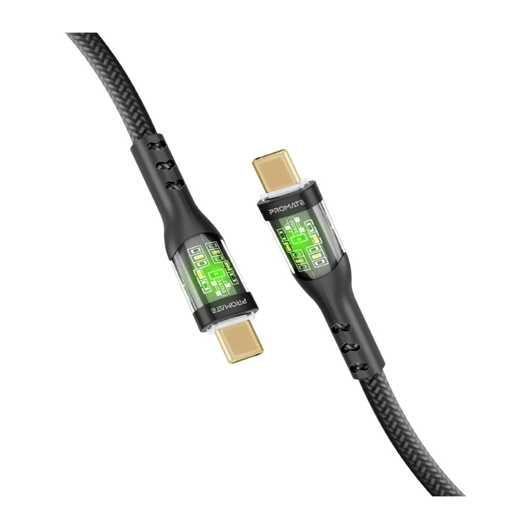 Promate 60W Ultra-Fast USB-C Transparent Cable 1.2m Black