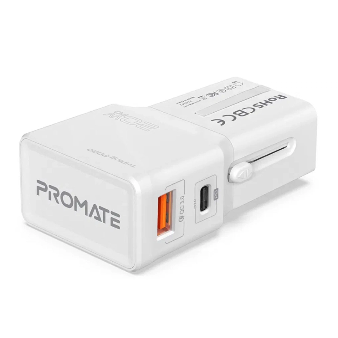 Promate Sleek Universal Travel Adapter 20W Quick Charg White