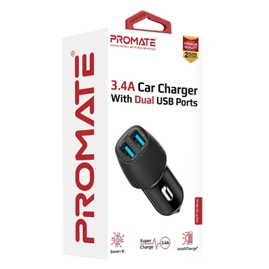 Promate 3.4A Car Charger With Dual USB Ports Black