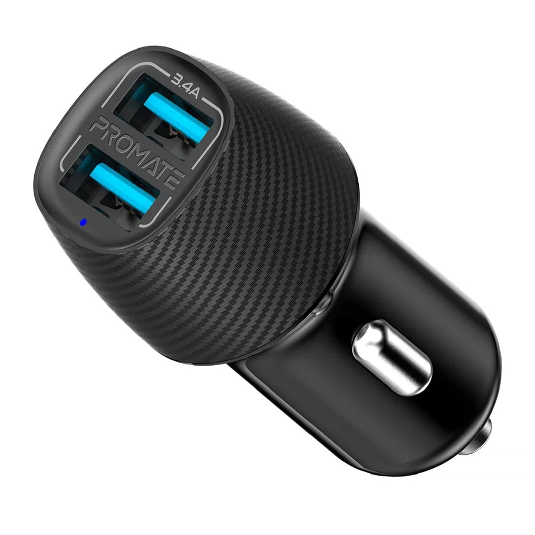 Promate 3.4A Car Charger With Dual USB Ports Black