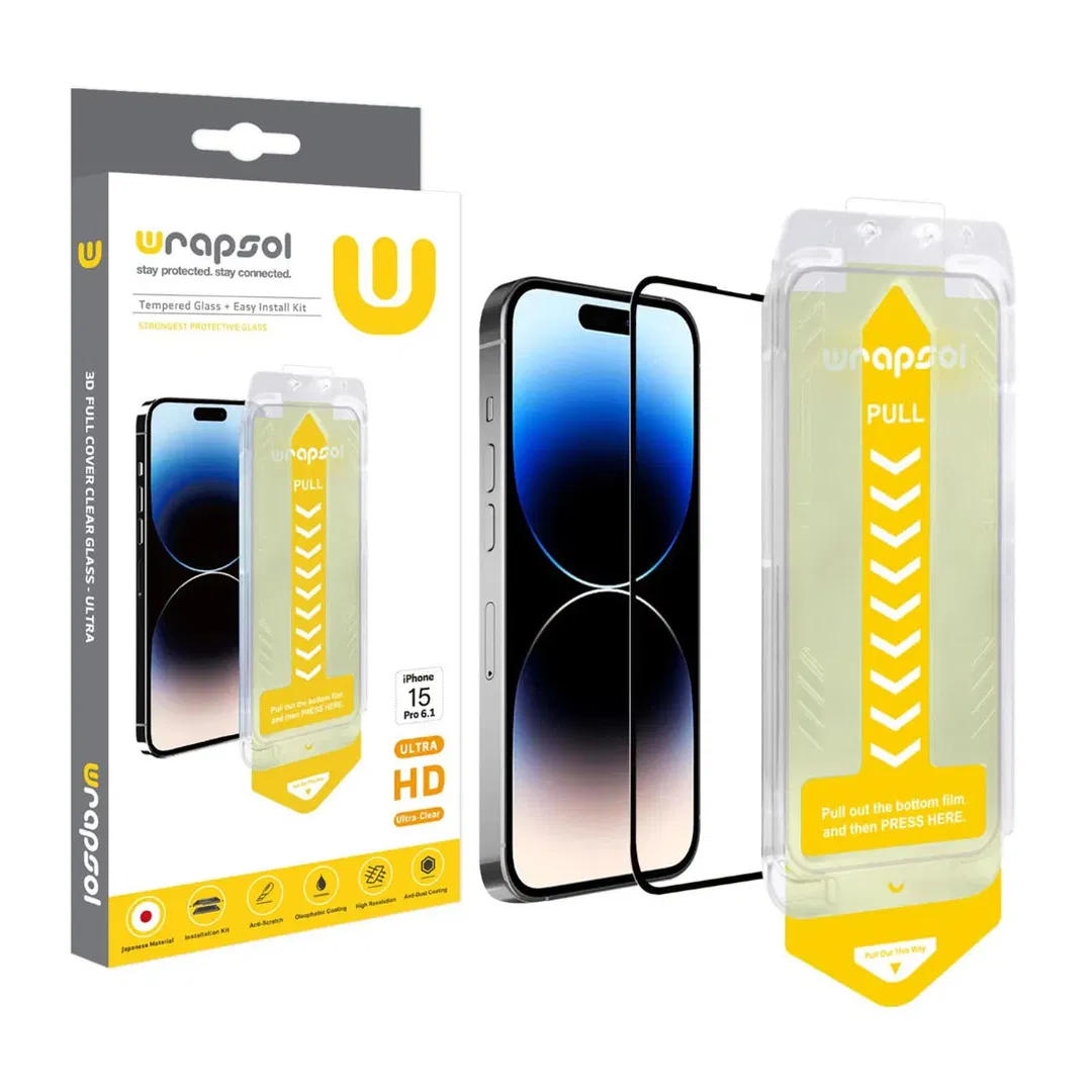Wrapsol 3D Clear Glass Protector iPhone 15 Pro Clear