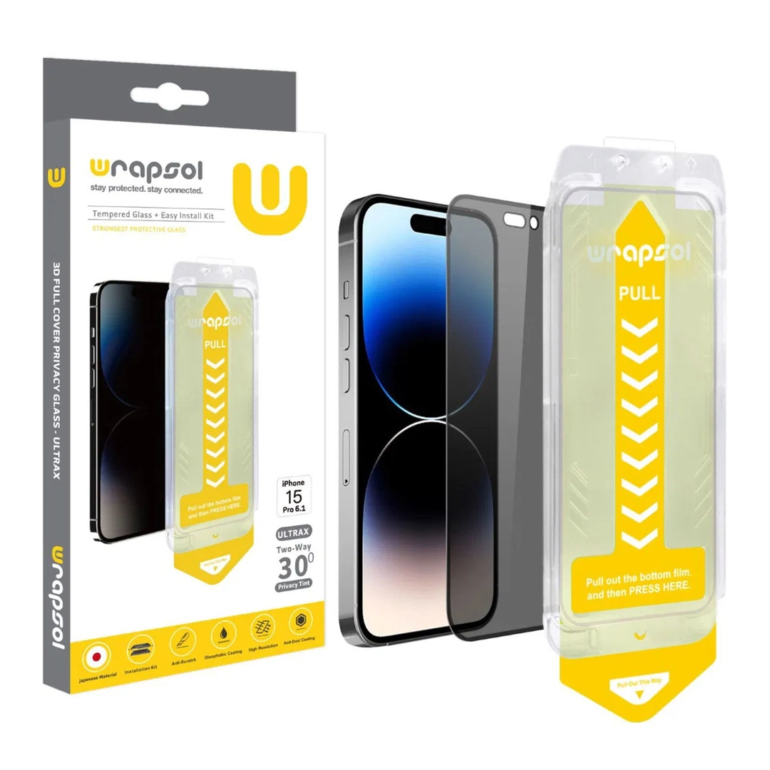 Wrapsol 3D Clear Glass Protector iPhone 15 Pro Privacy 
