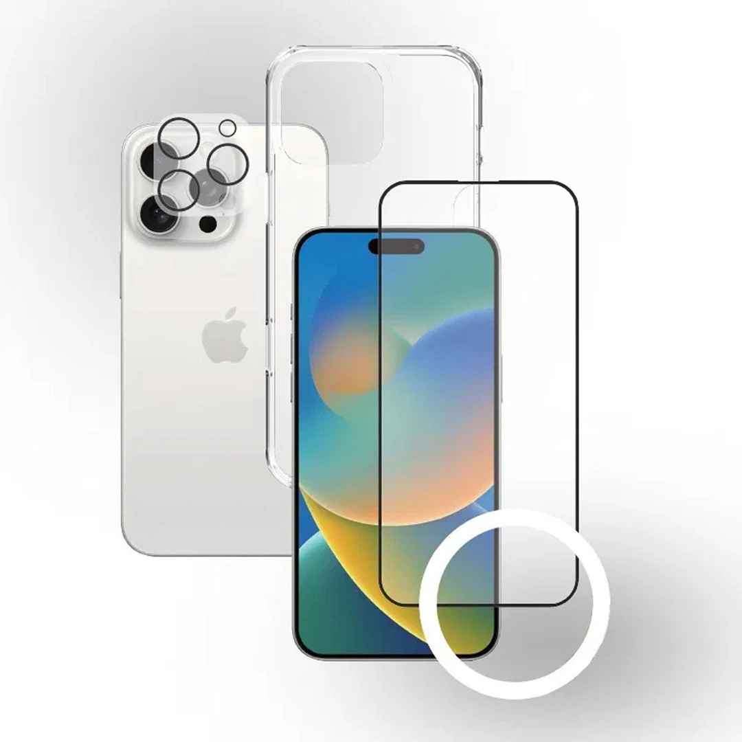 زوندا، باقة حماية 3 في 1 أيفون 16 برو، غطاء، واقي شاشة، واقي عدسة، شفاف