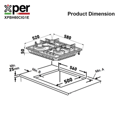 Xper Built-in hob 58 cm 3 gas + 1 electric Turkish steel, XPBH60CIG1E