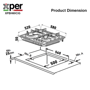 سطح اكسبير بلت إن غاز 58 سم 4 عيون زهر تركي استيل XPBH60CIG