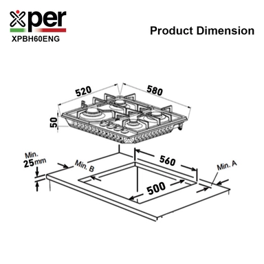 سطح اكسبير بلت إن غاز 58 سم 4 عيون تركي استيل XPBH60ENG