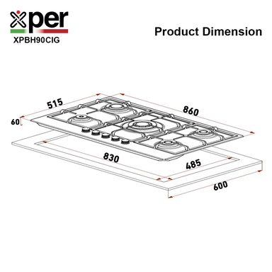 سطح اكسبير بلت إن غاز 86 سم 5 عيون زهر تركي استيل XPBH90CIG