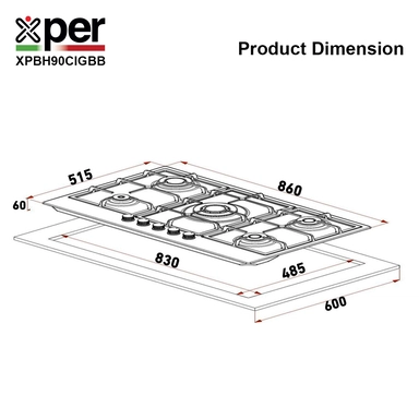 سطح اكسبير بلت إن غاز 86 سم 5 عيون زهر تركي اسود XPBH90CIGBB