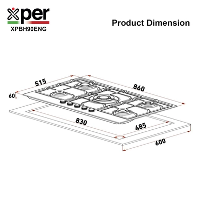 سطح اكسبير بلت إن غاز 86 سم 5 عيون تركي  استيل XPBH90ENG