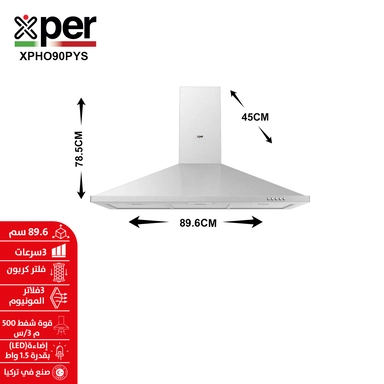 Xper Wall Mounted Chimney Cooker Hood, 89.6 cm, Turkish, Steel - XPHO90PYS