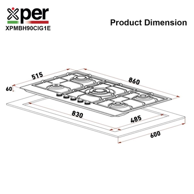 Xper built-in hob 86 cm 4 gas + 1 electric Turkish steel, XPMBH90CIG1E