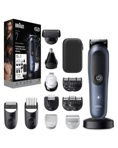 ماكينة حلاقة متعددة الوظائف من براون  15 في 1 سلسلة 7، ماكينة تشذيب للحية والشعر، جاف ورطب، أزرق/أسود – AIO7580