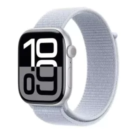 ابل، ساعة الجيل العاشر، جي بي اس، 46 ملم، غطاء ألمنيوم فضي مع سوار أزرق سماوي رياضي