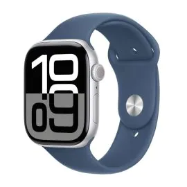 ابل، ساعة الجيل العاشر، جي بي اس، خاصية الاتصال، 42 ملم، غطاء ألمنيوم فضي مع سوار ازرق رياضي، متوسط/كبير