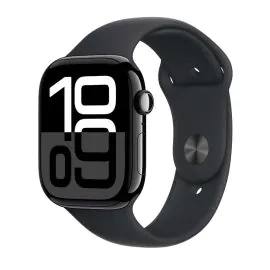 ابل، ساعة الجيل العاشر، جي بي اس، خاصية الاتصال، 46 ملم، غطاء ألمنيوم أسود مع سوار أسود رياضي، متوسط/كبير