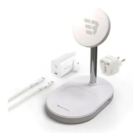 بايكرون ,  حامل لاسلكي 3 في 1 كابل وشاحن 25 وات , أبيض