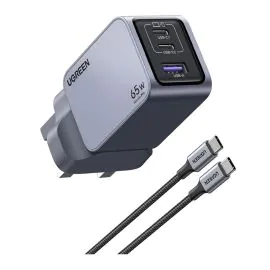 يوجرين، نيكسود شاحن، 65 واط، 3 منافذ، شحن سريع، بريطاني، رمادي