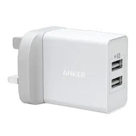 أنكر  ,شاحن حائط بقدرة 24 وات ومنفذين USB ,أبيض