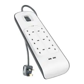 بلكين، توصيلة شحن بـ 6 منافذ طاقة + منفذين يو أس بي، 2 متر , أبيض