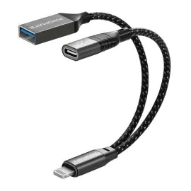 بروميت كابل لايتنينج OTG 2 في 1 مع USB-A وUSB-C أسود