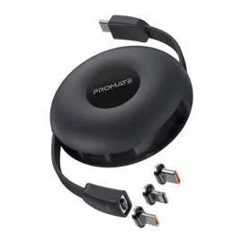 بروميت كابل شحن مغناطيسي قابل للسحب 3 في 1، 60 واط، أسود