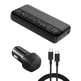مجموعة شحن راف باور، باور بنك 20000 ملّي أمبير – PB1229 مع شاحن سيارة – VC1017 وكابل USB-C – CB1021 - أسود