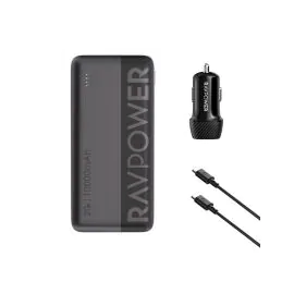 مجموعة باور بنك راف باور، باور بنك 10000 ملّي أمبير – PB1228، وشاحن سيارة – VC1017، وكابل شحن – CB1021، وRP-VC1014 – أسود