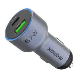 موماكس , شاحن سيارة سريع بمنفذ مزدوج بقدرة 67 واط , خاصية QC وPD، رمادي