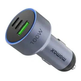 موماكس , شاحن سيارة موفي 100 واط , 3 منافذ سريع مع QC وPD، رمادي