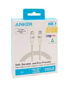 أنكر، كابل سي إلى سي، 6 أقدام، مضفر، 240 واط، أبيض