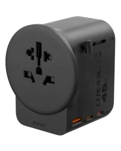 محول السفر Aukey GlobeMate، واط 45، منافذ متعددة USB / تيار متردد، أسود - PA-TA10A-BK