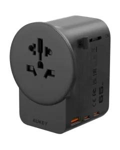 محول السفر Aukey GlobeMate، واط65، منافذ متعددة USB + تيار متردد، أسود - PA-TA11A-BK