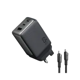 شاحن جداري أورايمو هايبرقان بتقنية GaN بمنفذين USB-C ومنفذ USB وبقوة 65 واط مع سلك شاحن - أسود