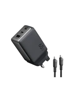 شاحن جداري أورايمو هايبرقان بتقنية GaN بمنفذين USB-C ومنفذ USB وبقوة 65 واط مع سلك شاحن - أسود